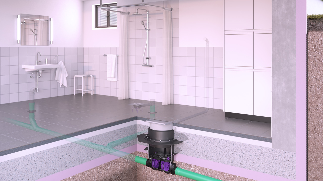 Einbaudarstellung Rückstauverschluss Staufix SWA zum Einbau in die Bodenplatte