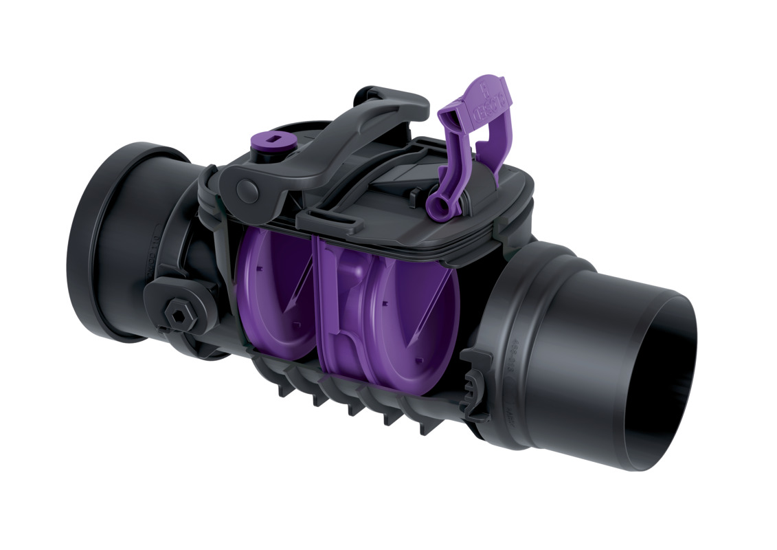 Rückstauverschluss Staufix zum Einbau in die freiliegende Abwasserleitung, mit zwei Klappen Rückstauverschluss Staufix zum Einbau in die freiliegende Abwasserleitung, mit zwei Klappen