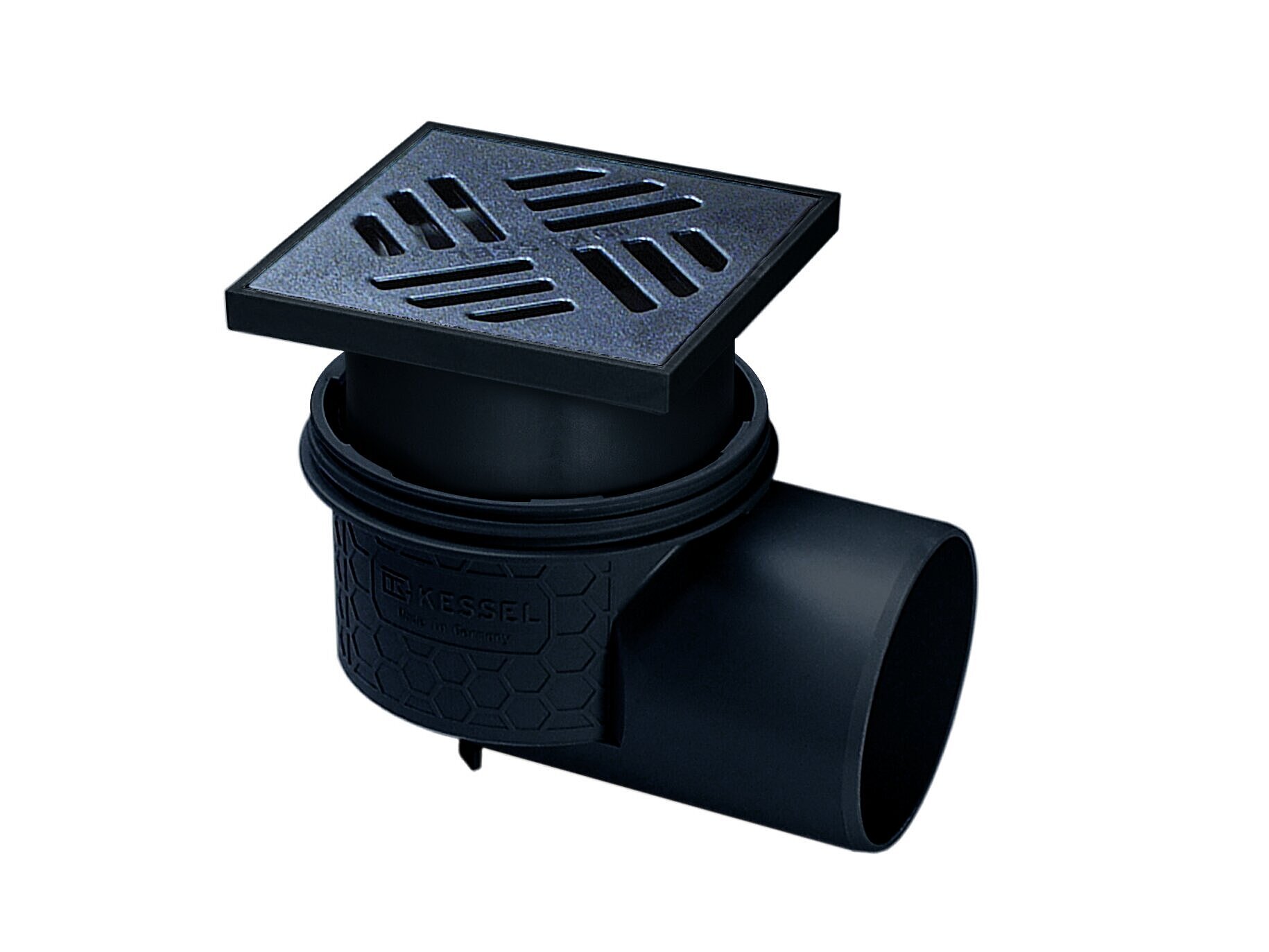 Bodenablauf Practicus mit waagrechtem Auslauf und Schlitzrost aus schwarzem Kunststoff Bodenablauf Practicus mit waagrechtem Auslauf und Schlitzrost aus schwarzem Kunststoff