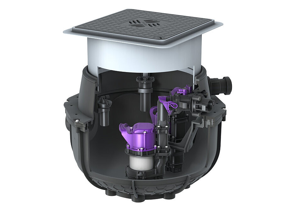 Hebeanlage Aqualift M Underfloor mit schwarzer Abdeckung Abdeckung Hebeanlage Aqualift M Underfloor mit schwarzer Abdeckung und Schnitt und sichtbarer Pumpe.