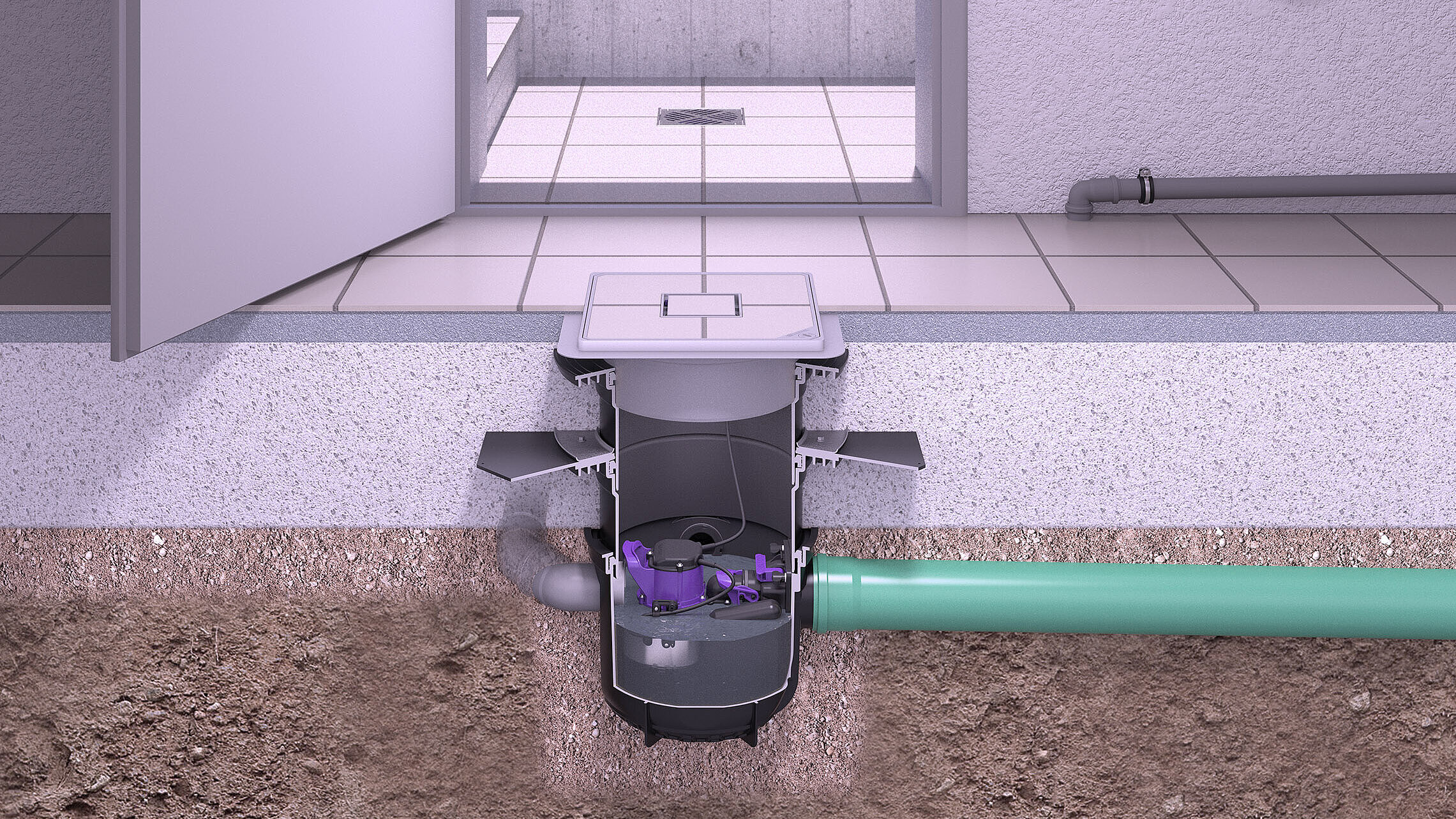 Einbaudarstellung Kellerablauf Pumpfix S Underfloor mit Zuläufen von weiteren Ablaufstellen Einbaudarstellung Kellerablauf Pumpfix S Underfloor mit Zuläufen von weiteren Ablaufstellen