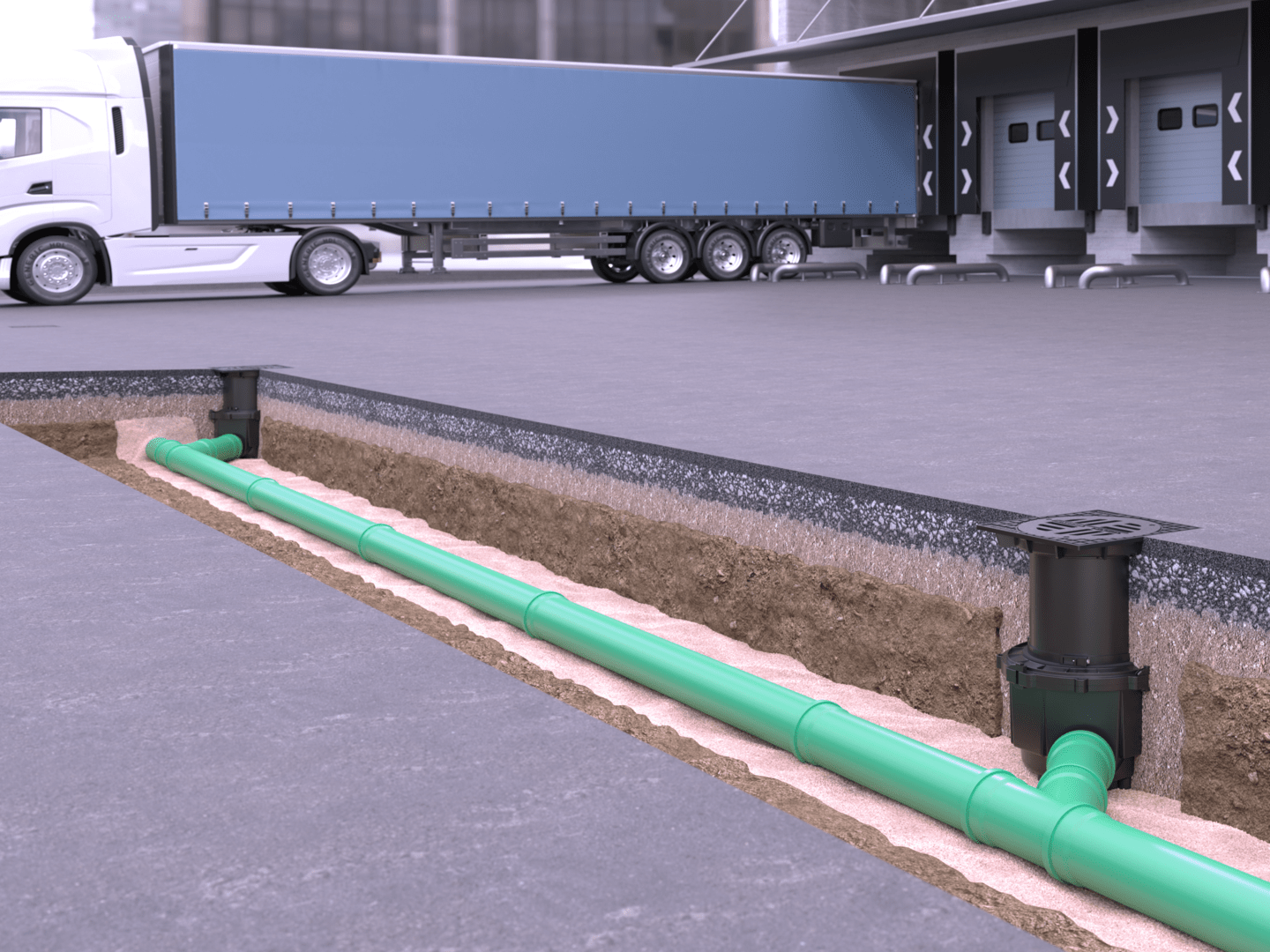 Einbaudarstellung Hofablauf System 400 für höhere Belastungsklassen, Auslauf seitlich Einbaudarstellung Hofablauf System 400 für höhere Belastungsklassen, Auslauf seitlich