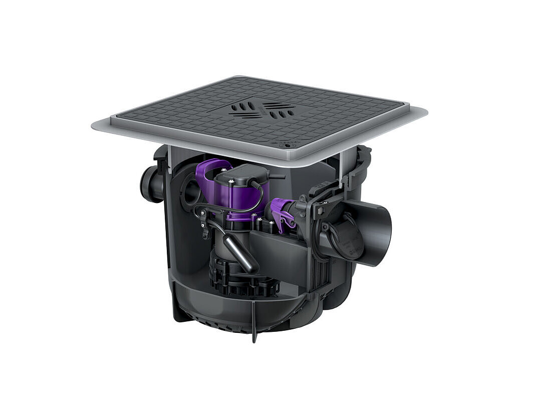 Kellerablauf Pumpfix S Underfloor zum Einbau in die Bodenplatte, mit schwarzer Abdeckung Kellerablauf Pumpfix S Underfloor zum Einbau in die Bodenplatte, mit schwarzer Abdeckung