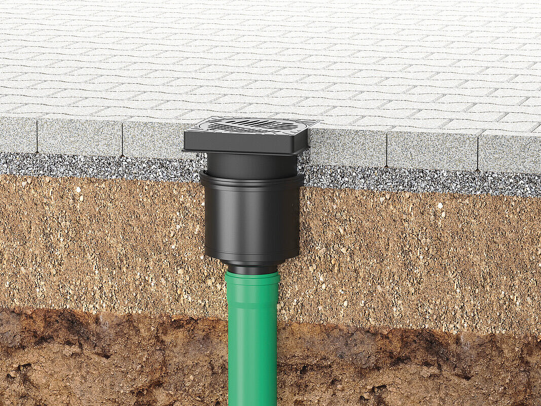 Einbaudarstellung Hofablauf Ecoguss 200 mit senkrechtem Auslauf Einbaudarstellung Hofablauf Ecoguss 200 mit senkrechtem Auslauf