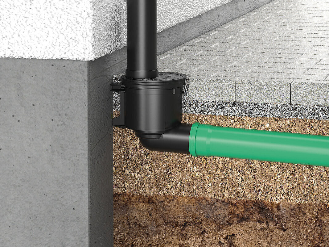 Einbaudarstellung Regenablauf mit seitlichem Auslauf Einbaudarstellung Regenablauf mit seitlichem Auslauf