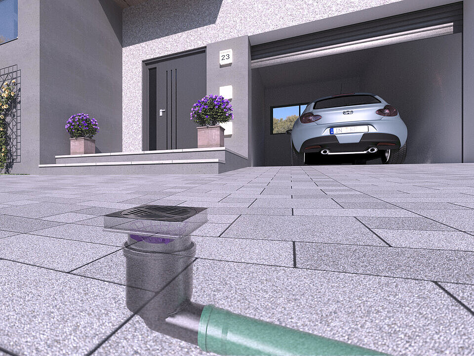 Einbaudarstellung Hofablauf Ecoguss 200 mit seitlichem Auslauf Einbaudarstellung Hofablauf Ecoguss 200 mit seitlichem Auslauf