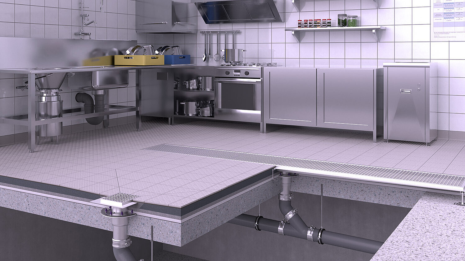 Edelstahlabläufe und Rinnen in einer gewerblichen Küche. Edelstahlabläufe und Rinnen in einer gewerblichen Küche.