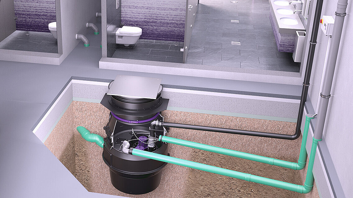 Große WC-Anlagen in gewerblichen Gebäuden wie Hotels, Büros oder Einkaufszentren sind ein Fall für die Aquapump XL.