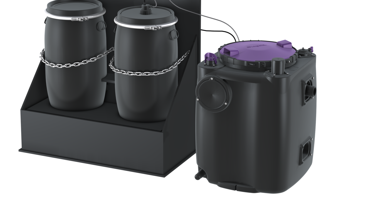 Kompakter Ansatzbehälter mit großer Reinigungsöffnung. Kompakter Ansatzbehälter mit großer Reinigungsöffnung.