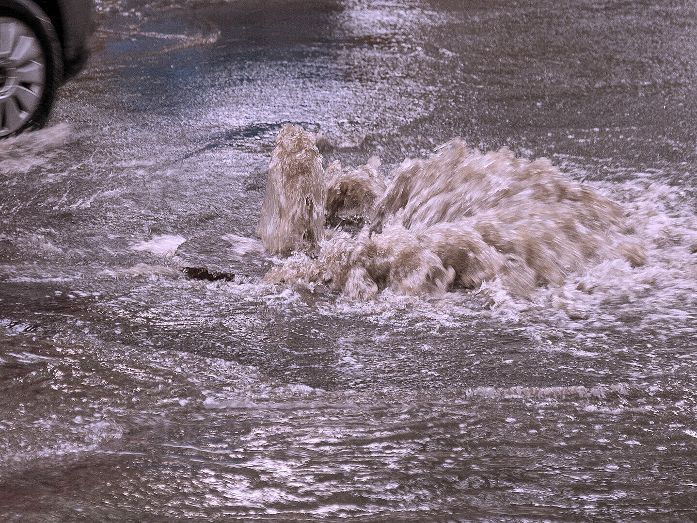 Wasser quillt aus dem Gullideckel infolge einer Kanalüberlastung durch Starkregen.