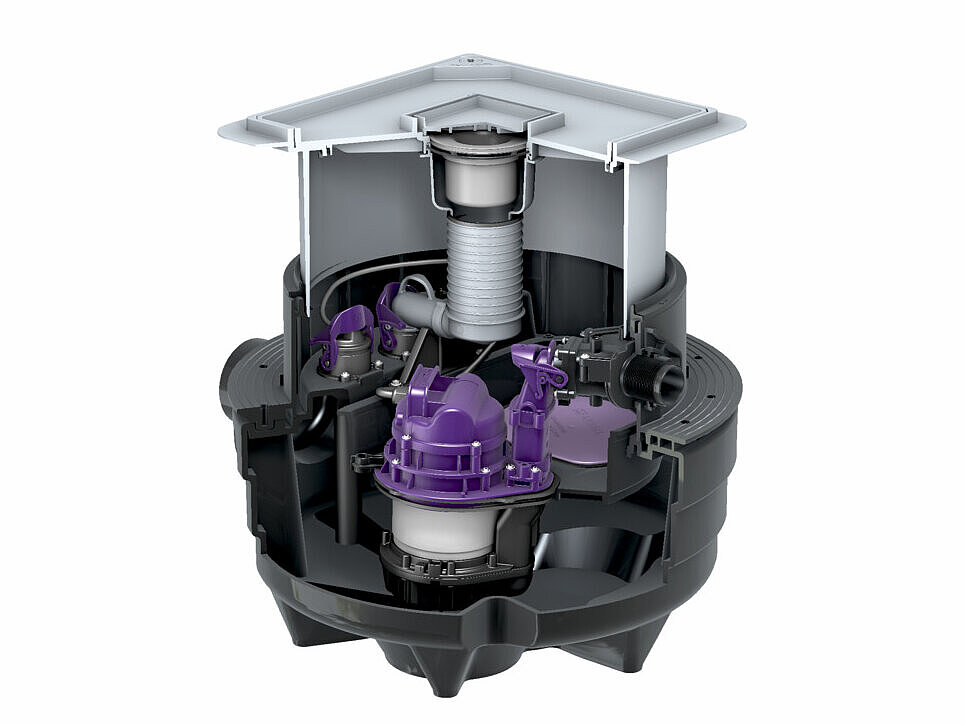 Hebeanlage Aqualift M Underfloor mit befliesbarer Abdeckung Hebeanlage Aqualift M Underfloor mit befliesbarer Abdeckung und Schnitt.